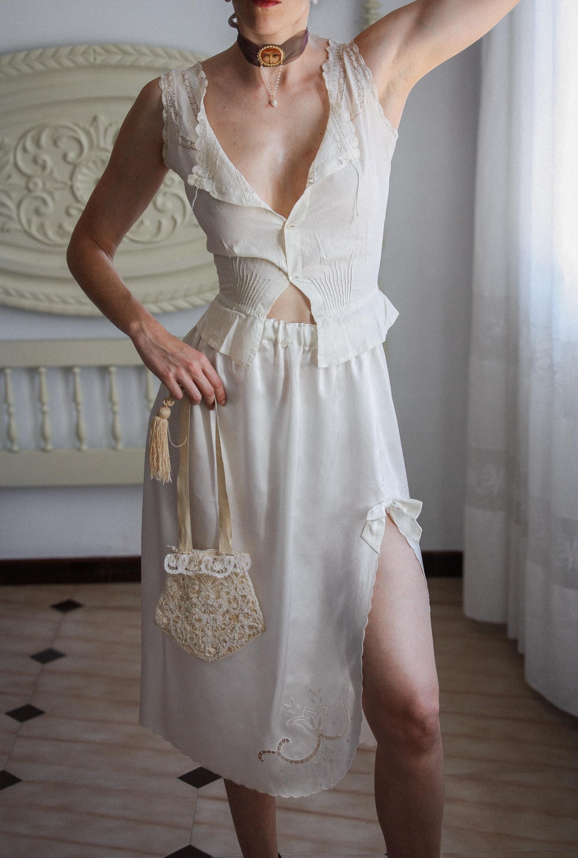 Antique Corset Cover With Bobbin Lace and Floral Embroidery 