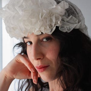 Antique 19th Century Bridal Bonnet with Valenciennes Lace & Organza Ruffles – 1800s Lace Bridal Bonnet