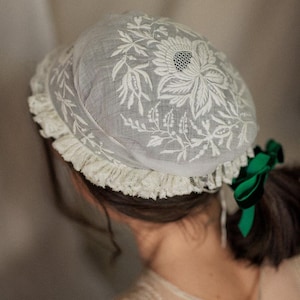 Antique 1800s Embroidered Sunflowers and Valenciennes Lace Bonnet, 19th Century Embroidery Bridal Bonnet, Antique Muslin Bridal Bonnet