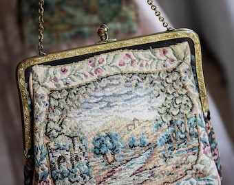Antique 1900s Petit Point Courtly Scenic Tapestry Purse with Metal Clasp and Chain Handle