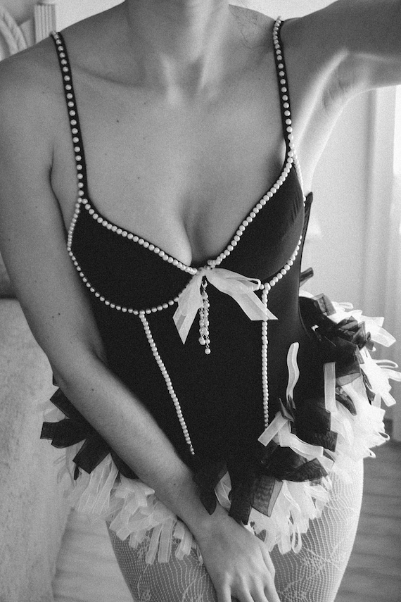 Black Bustier Argento Vivo with White Beads and C… - image 7