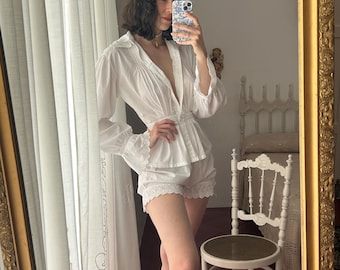 Edwardian Cotton Broderie Anglaise Blouse, Pintuck Puff Sleeve Top