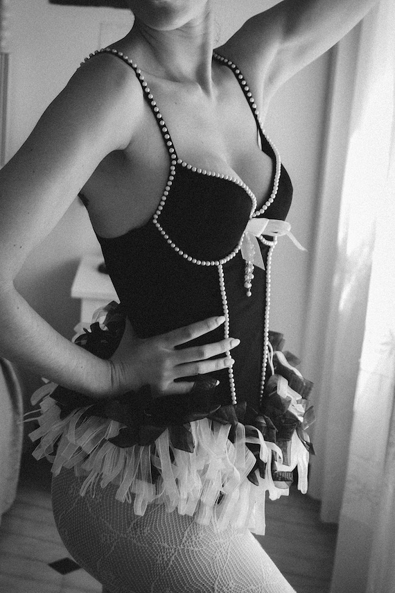 Black Bustier Argento Vivo with White Beads and C… - image 10