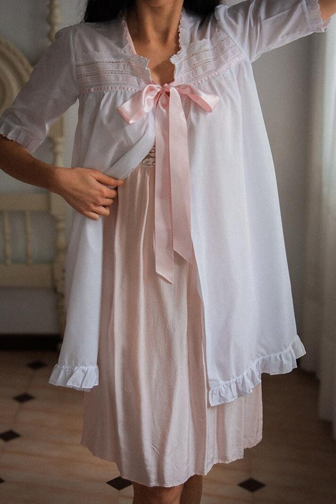 Robe Ribbon Vintage White Robe With Blush Tied Ribbon, Vintage Lace Trim Robe - Etsy