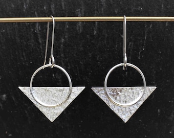 Chunky Sterling Silver Earrings | Textured Large Circle and Triangle | Geometric Silver Dangles | Sterling Silver Drop Earrings