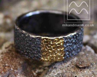 18ct Yellow Gold & Black Sterling Silver Hand Textured Hammered Band | Etched and Indented Irregular Oxidised Silver and Gold Ring