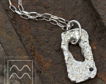 Large Sterling Silver Sapphire Pendant | Raw Foil Textured Open Pendant | Unique Rock Rectangular Necklace