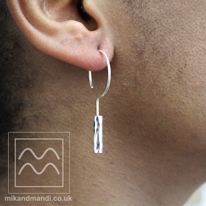 Silver Hoop Dangle Earrings for Women | Simple Textured Wire Hoop Earrings | Long Geometric Minimalist Drop Earrings