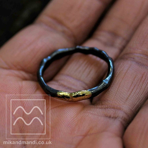 Oxidised Silver and Gold Ring | Molten Sterling Silver and 18ct Gold Ring | Black & Yellow Dainty Rock Stacking Ring | Unusual Wedding Ring