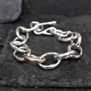 Sterling Silver Rose Gold Organic Rustic Oval Link Bracelet | Rose & Rocks | Heavy Raw Mixed Metal Bracelet | Silver and 9ct Gold Bracelet