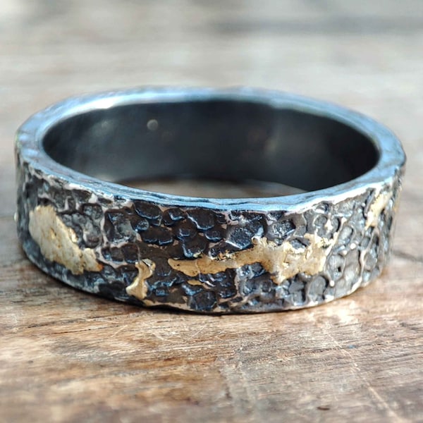 Molten 6x2mm Black Sterling Silver & 18ct Yellow Gold Band | His and Hers Viking Wedding Ring | Reticulated Cratered Oxidised Gothic Ring