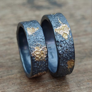 Couples Ring Set 6mm Black Sterling Silver & 18ct Yellow Gold | Couples Viking Wedding Band | Molten Oxidised Silver and Gold Ring