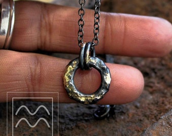 Oxidised Silver and Gold Rocky Ring Pendant Necklace | Unique Textured Silver and 18ct Gold Ring Necklace | Handmade Simple Pendant Necklace