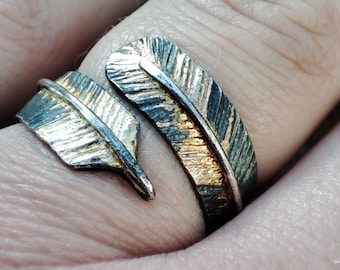 Silver and Gold Feather Ring | Handmade Oxidised Sterling Silver & 18ct Yellow Gold Ring | The Golden Black Crow