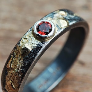 Battered, Hammered Silver and Gold Ring with 3mm Garnet | 18ct and Oxidised .925 Medieval Jewellery | Alternative Wedding Band