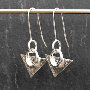 Sterling Silver Earrings | Small Textured Circle and Triangle | Silver Geometric Dangle Earrings | Sterling SIlver Drop Earrings