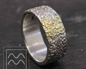 18ct Yellow Solid Gold & Sterling Silver Hand Textured Hammered Band | Etched and Indented Irregular Silver and Gold Wedding Ring