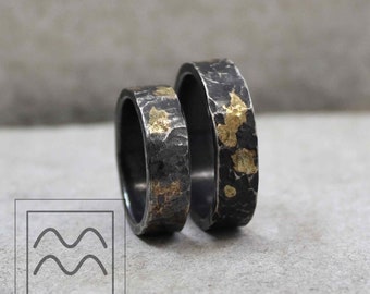 6x2mm Black Sterling Silver & 18ct Yellow Gold Band | His and Hers Viking Wedding Ring | Hammered Oxidised Silver and Gold Ring