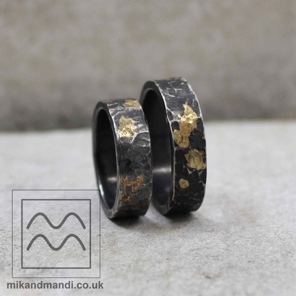 6x2mm Black Sterling Silver & 18ct Yellow Gold Band | His and Hers Viking Wedding Ring | Hammered Oxidised Silver and Gold Ring