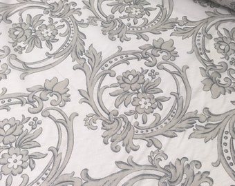 Pure Silk Chiffon Fabric with Barocco style print,  Grey Vignette and Flowers inside, Vintage Style