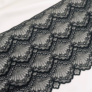 May include: Black lace trim with a scalloped edge. The lace has a repeating fan-like pattern with delicate detailing. The trim is set against a white background, highlighting the intricate design and texture of the lace.