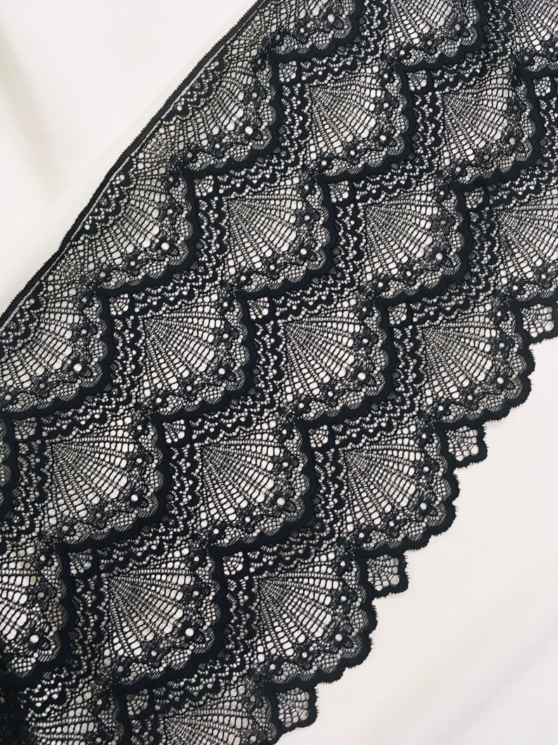 May include: Close-up of black lace fabric with a repeating geometric pattern. The lace features a scalloped edge and a delicate, open weave design. The fabric is set against a white background, highlighting the intricate details of the lace.
