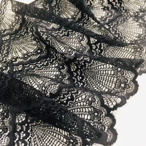 May include: Close-up of black lace fabric with a delicate, openwork design. The fabric is intricately patterned with floral and geometric motifs, creating a textured surface. The edges have a scalloped trim. The lace is likely used for apparel or craft projects.