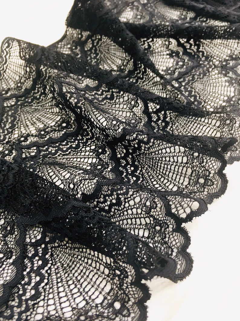 May include: Close-up of black lace fabric with a delicate, openwork design. The fabric is intricately patterned with floral and geometric motifs, creating a textured surface. The edges have a scalloped trim. The lace is likely used for apparel or craft projects.