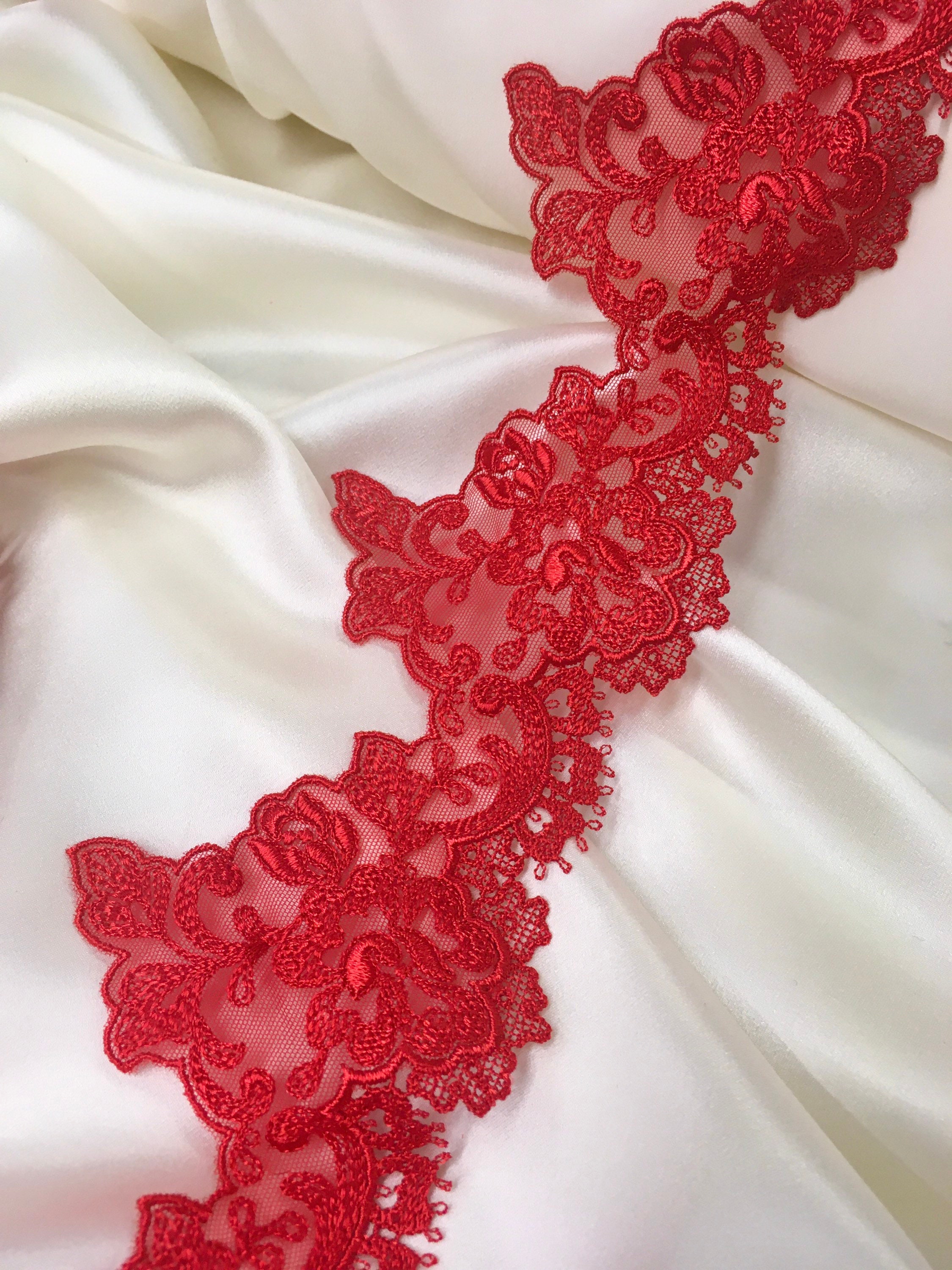 Red Lace Trim Scalloped, Embroidery on Tulle 