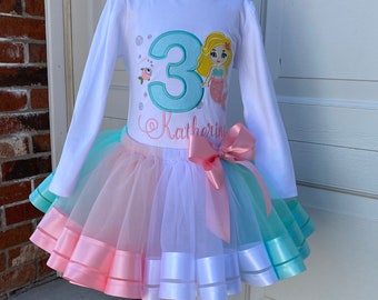 3rd Birthday Mermaid Tutu Outfit, Pastel Rainbow Tulle, Embroidered Shirt.
