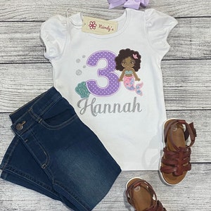 Mermaid shirt for girl, 3rd Birthday shirt, Toddler custom embroidered shirt, Girl custom birthday shirt, Afro mermaid shirt, Any age shirt