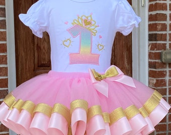 Princess birthday outfit, Number with crown birthday shirt, Pink and gold ribbon trim tutu birthday dress, First birthday outfit, Any age