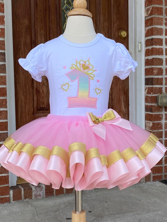 Princess Birthday Tutu Outfit, Embroidered Crown Shirt, Pink and Gold, Tutu  Dress - Etsy