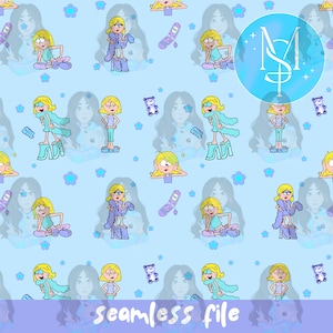 Lizzie cartoon girl blue seamless pattern digital paper background printable png