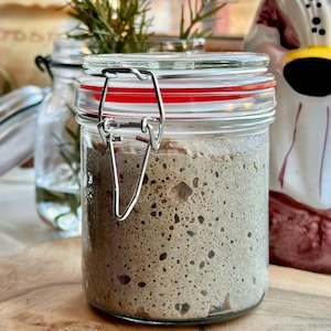 May include: A glass jar with a red lid and a metal clasp, filled with a light brown sourdough starter. The starter is bubbly and has a textured surface.