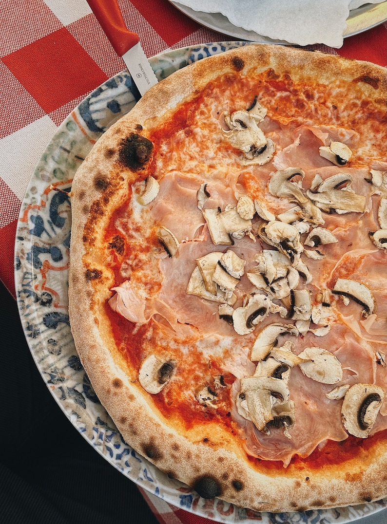 May include: A close-up of a pizza with ham and mushrooms on a white and blue patterned plate. The pizza has a crispy crust and a red sauce.