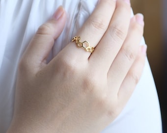 Wedding Ring Bride Ring 18k Gold Plated Honeycomb Ring,Beehive Stacking Rings,Sterling Silver Hexagon Ring Perfect Gift Jewelry