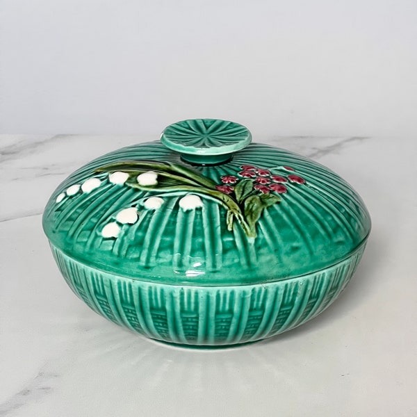 Antique Schramberg Majolica Lilly of the Valley Lidded Bowl