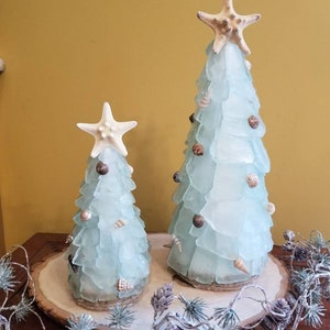 Large Seaglass Christmas Tree with Starfish Topper - Sea Glass Tree with Seashell or Pearl Ornaments - Handmade Product Made in the USA