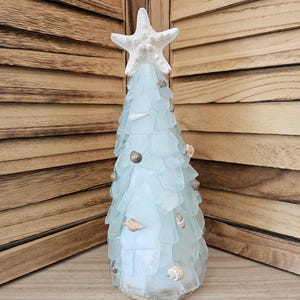 Medium Seaglass Christmas Tree with Starfish Topper - Sea Glass Tree with Pearls or Seashell Ornament Decor Handmade Product Made in the USA