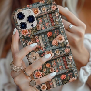 Jolie coque de téléphone à fleurs livresques, housse de téléphone livresques Cottagecore, cadeau pour les amoureux des livres, esthétique florale, look 3d, cadeau pour elle, MagSafe, iPhone 16