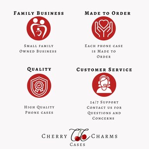Puede incluir: Un gr&aacute;fico con c&iacute;rculos rojos que contienen iconos blancos que representan los valores de un negocio familiar: familia, calidad, servicio al cliente y hecho a pedido. El texto "Cherry Charms Cases" est&aacute; en la parte inferior.
