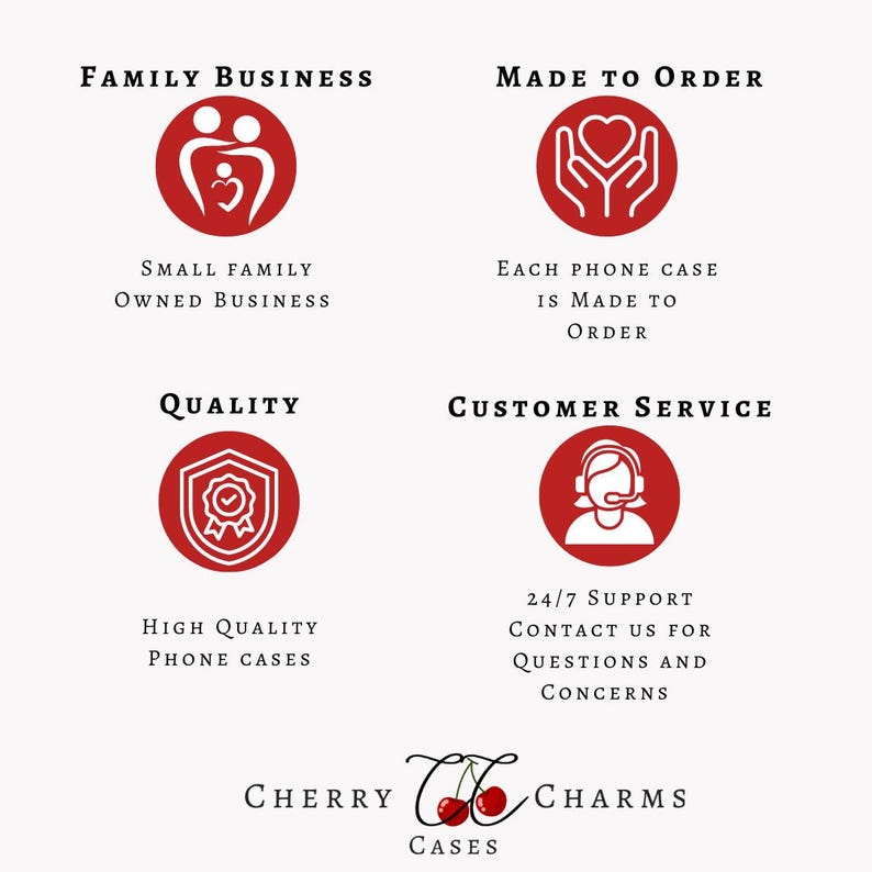 Puede incluir: Un gr&aacute;fico con c&iacute;rculos rojos que contienen iconos blancos que representan los valores de un negocio familiar: familia, calidad, servicio al cliente y hecho a pedido. El texto "Cherry Charms Cases" est&aacute; en la parte inferior.