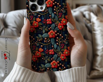 Elegant Red Flowers Phone Case, 3d Phone Cover, Samsung Case,Embroidered Pixel Case,Gift for Her, MagSafe