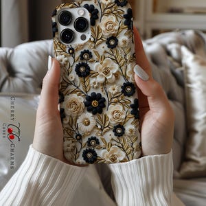 Elegante 3D Floral Handyhülle, Schwarzweiß Blume iPhone Hülle, Samsung Hülle,Pixel Hülle,Geschenk für Sie, MagSafe
