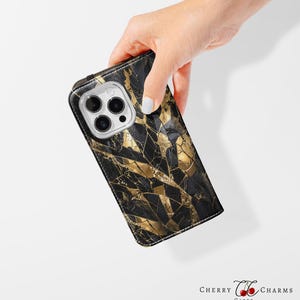 Cartera de lujo de piel con diseño de mármol negro y dorado, funda abatible, diseño abstracto agrietado, elegante patrón de mosaico, regalo para ella, iPhone, Samsung