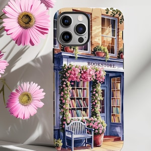 telefoonhoesje boekhandel, bloemenesthetiek, cadeau boekenliefhebber, aquarel bibliotheekomslag, boekenwurm, cadeau voor haar, bibliothecaris cadeau, MagSafe, iPhone