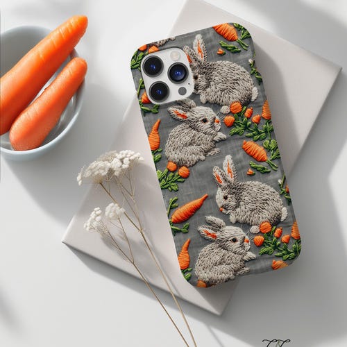Bonita funda para teléfono con diseño de conejito y zanahorias, ideal como regalo para amantes de los animales, ideal para ella, con diseño bordado, MagSafe, compatible con Samsung, Pixel y iPhone 16.