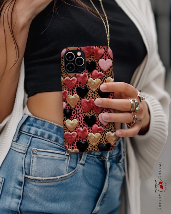 Heart Leopard Phone Case, Valentine Aesthetic cover , Samsung Case,Embroidered Pixel Case,Gift for Her, MagSafe