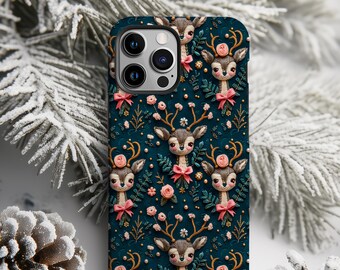 Pretty Reindeer Phone Case, Animal Lover Gift, Christmas AestheticCover, Gift for Her, Faux Embroidery, MagSafe , Samsung, Pixel,iphone 16